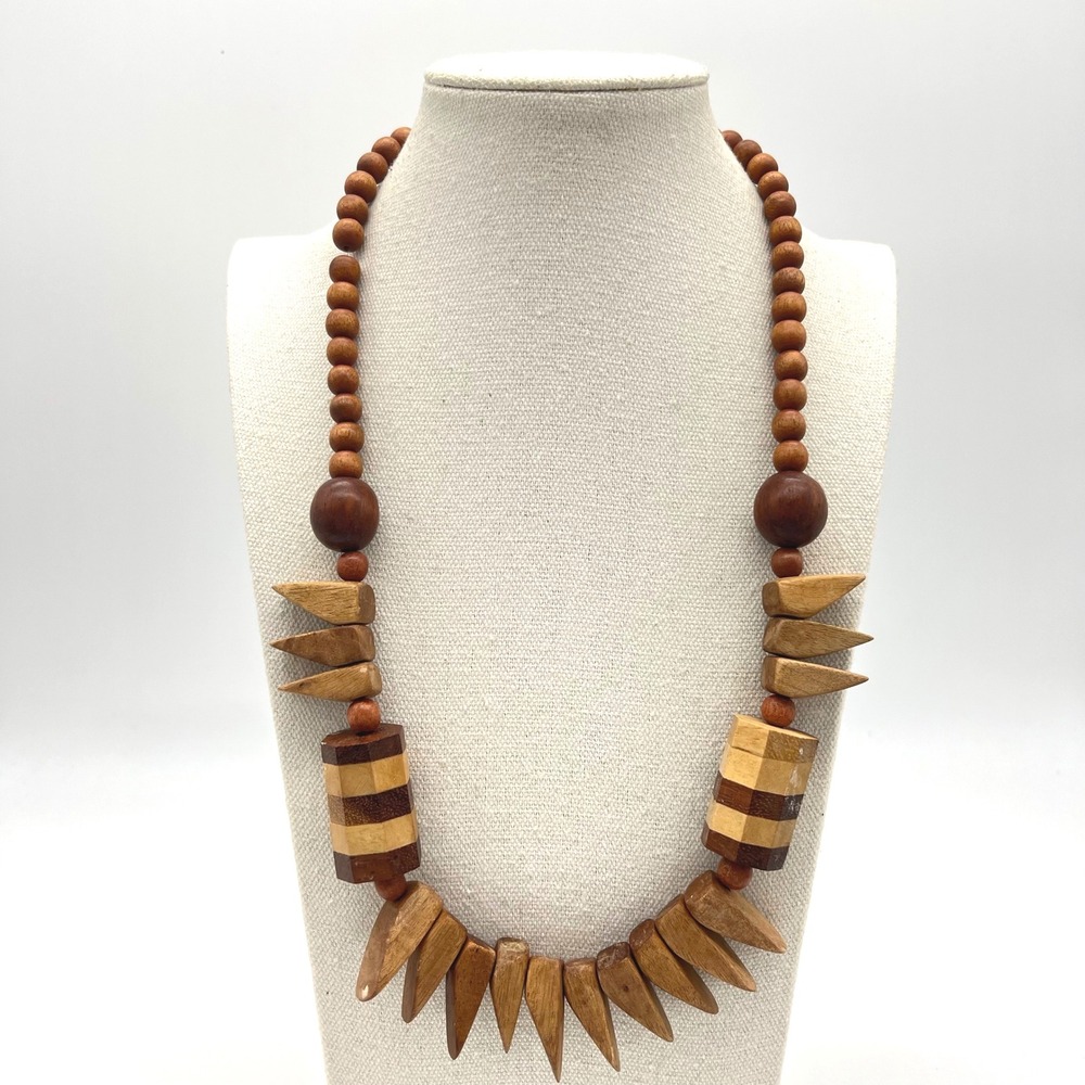 Vintage Wooden Bead Necklace Chunky Statement Boho Hippie Bohemian Jewelry